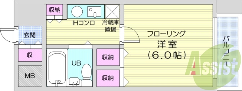 1K、フローリング、エアコン、バルコニー。