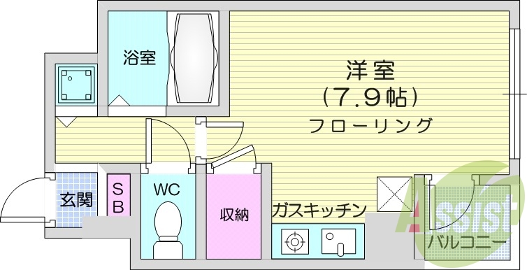 ワンルーム、エアコン、温水洗浄便座、バルコニー。