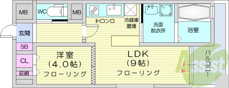 1ＬＤＫ、エアコン、ＩＨ、モニタ付きインターホン、追焚