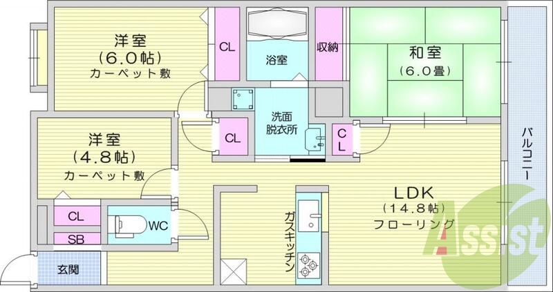 3LDKB/T別、洗面台、システムK、全居室収納、エアコン