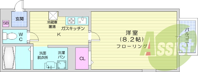 １Ｋ、駐車場有、Ｂ・Ｔ別、シャワー、浴室乾燥機。