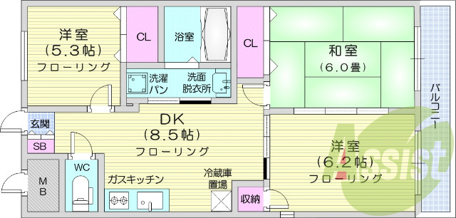 3DK、都市ガス、CATV、独立洗面台、エアコン