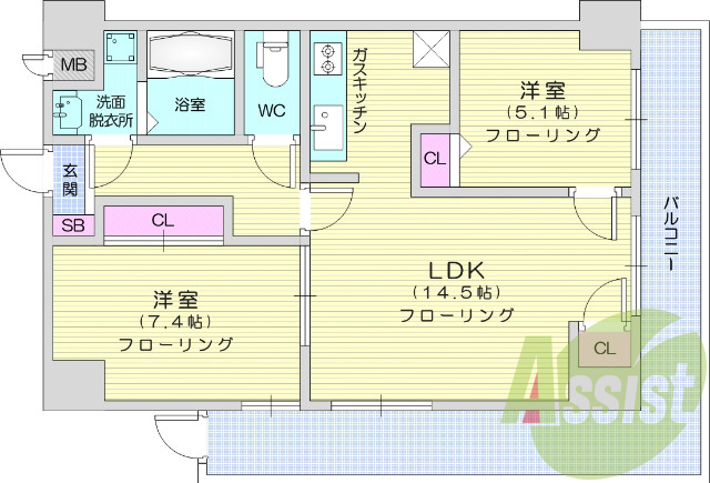 2LDK、エアコン、バストイレ別、シャンプードレッサー