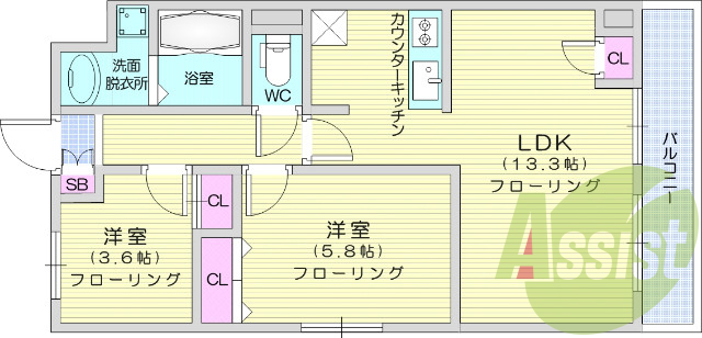 2LDK、エアコン、バストイレ別、シャンプードレッサー