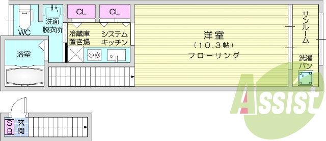 1K、角部屋、システムキッチン、洗髪洗面洗面台