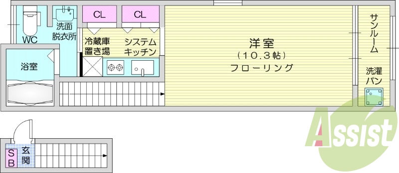 1K、システムキッチン、シャンプードレッサー