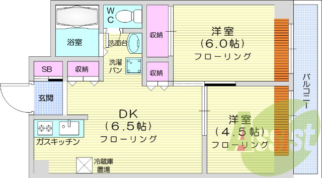 2DK、都市ガス、バストイレ別、ペット相談