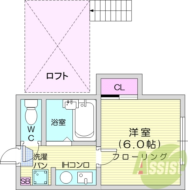 1K・ロフト、バス・トイレ別、エアコン、都市ガス