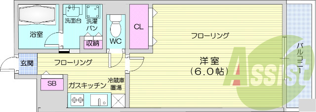 1K 西向き、バストイレ別、オートロック