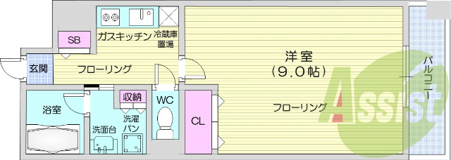 1K　西向き、バストイレ別、オートロック