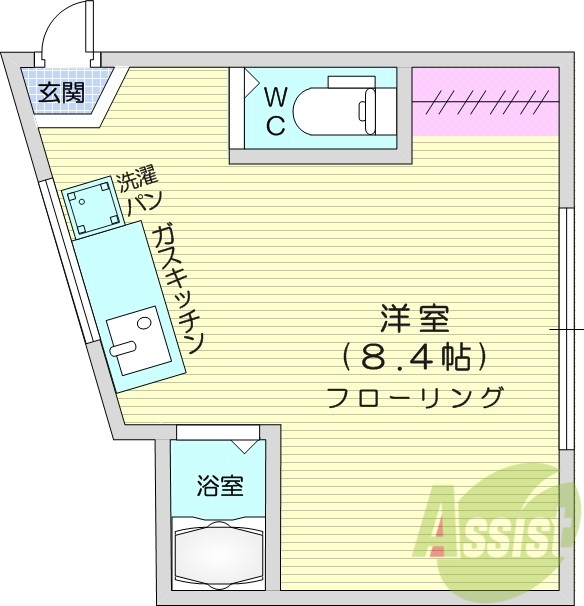 ワンルーム、プロパンガス、間接照明、エアコン、バストイレ別
