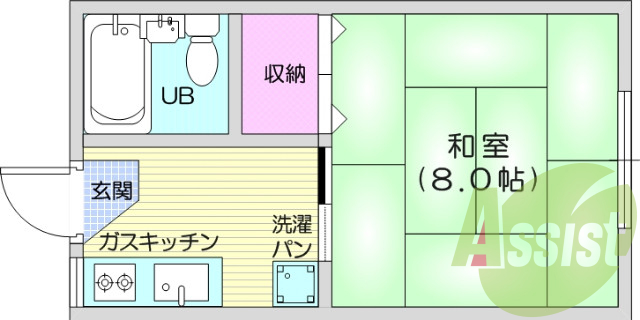 1K、ユニットバス、エアコン、室内洗濯機置き場