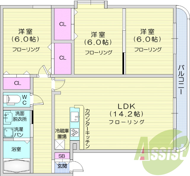 3LDK、カウンターキッチン、バストイレ別