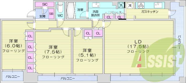 3LDK、システムキッチン、追い焚き、独立洗面台。エアコン