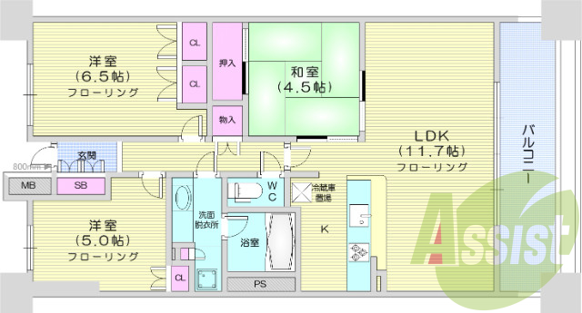3LDK、システムキッチン、追い焚き、独立洗面台。エアコン