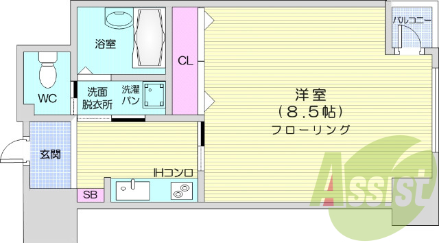 1K 西向き、バストイレ別、浴室乾燥機付き