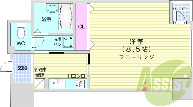 1K 西向き、バストイレ別、浴室乾燥機付き