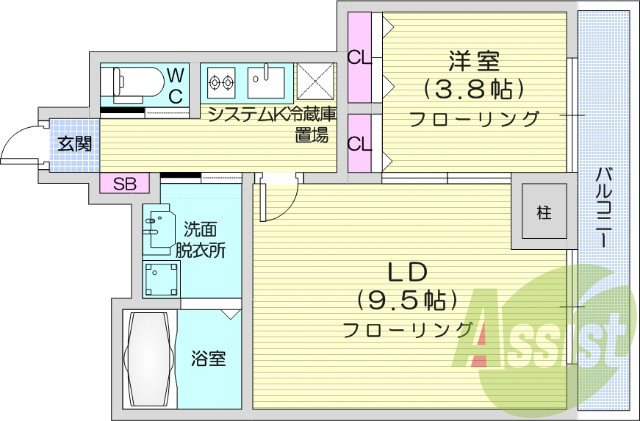 1LDK　南向き、浴室乾燥機、エアコン、光ファイバー