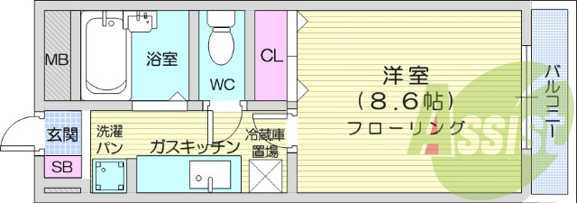 1K、都市ガス、オートロック、防犯カメラ、エアコン
