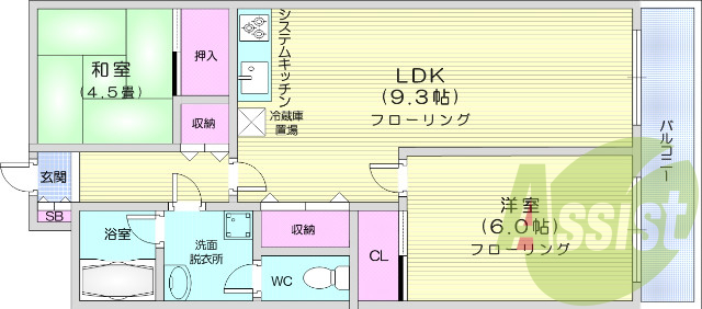 ２LDK、バルコニー、和洋室、バス・トイレ別