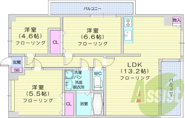 3LDK、全室カーテン付き、日当たり良好