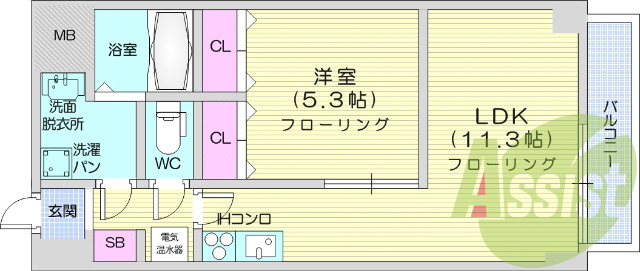 1LDK　オートロック、浴室乾燥機、エアコン