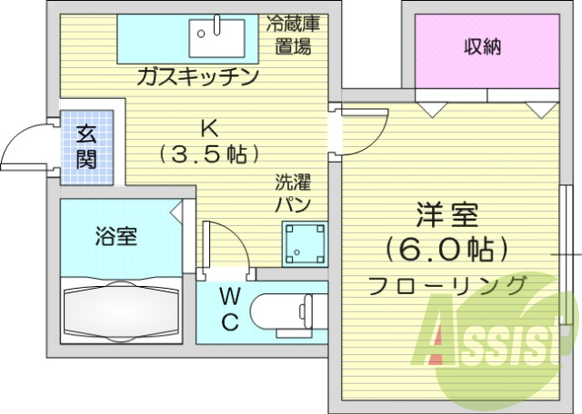1K・バストイレ別、収納スペース、室内洗濯機置場