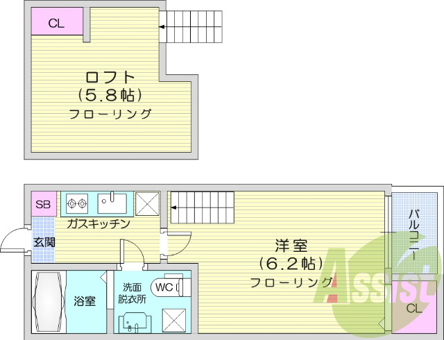 1K、ロフト、システムキッチン、洗面化粧台、追い炊き