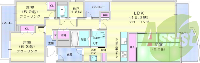 3LDK+S、システムキッチン、バストイレ別、バルコニー