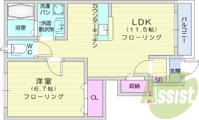 1LDK南向き、浴室乾燥機、追い焚き、独立洗面台がある物件。