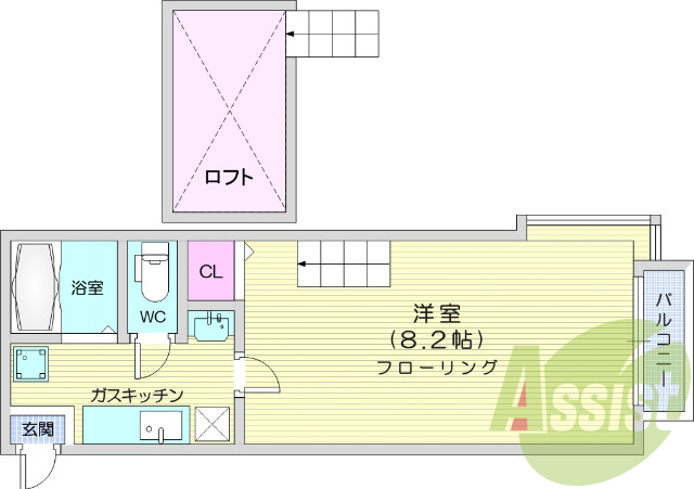 １K、ロフト付き、角部屋、バストイレ別、エアコン
