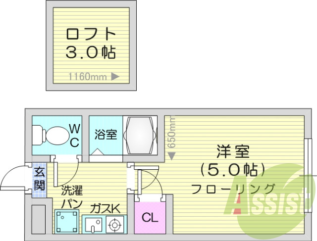 1K、ガスキッチン、バストイレ別、エアコン、ロフトつき