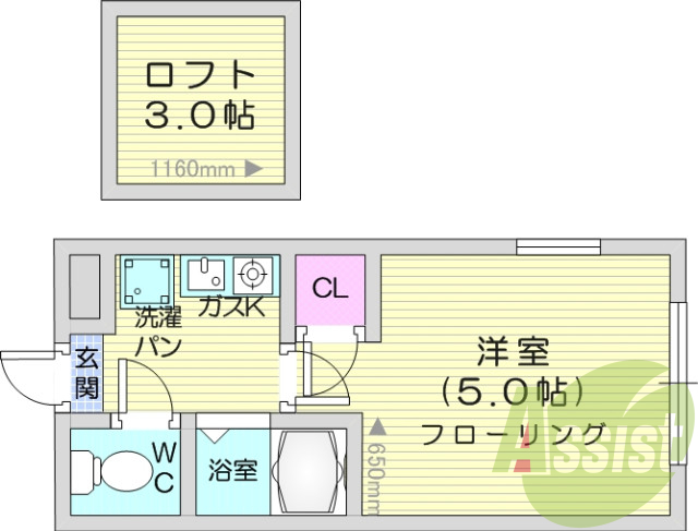 1K、ガスキッチン、バストイレ別、エアコン、ロフトつき
