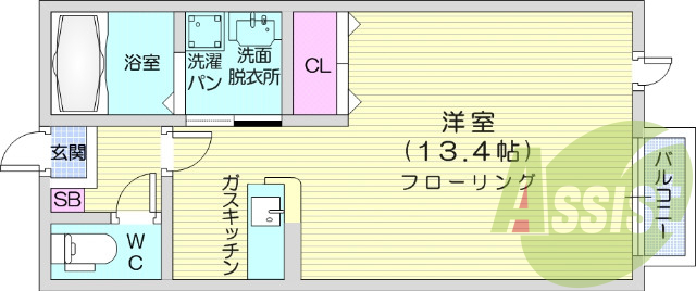 1R、室内洗濯機置場、独立洗面台、カウンターキッチン