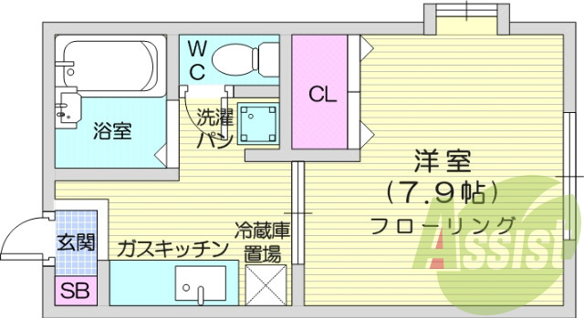 1Ｋ、都市ガス、バストイレ別、エアコン、室内洗濯機置場