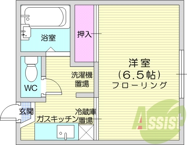 １Ｋ、南西向き、Ｂ・Ｔ別、室内洗濯機置場。