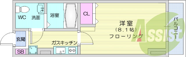 1K、エアコン、室内洗濯機置き場、トイレ浴室別、クローゼット