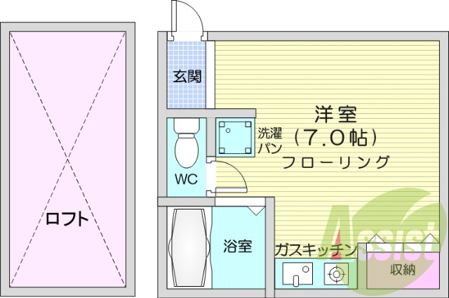 1K　エアコン　ロフト　WC　ガスキッチン