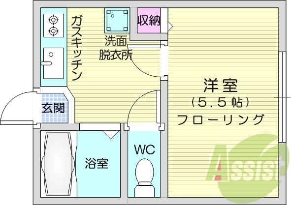1K、エアコン、バストイレ別、フローリング
