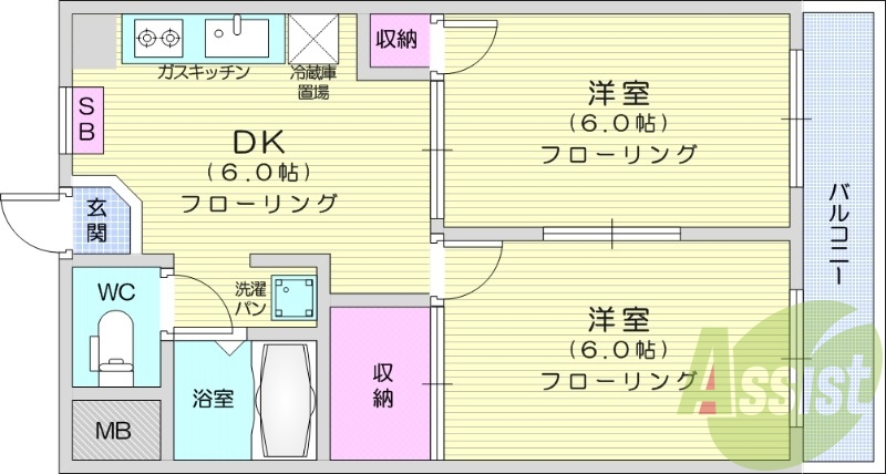 2DK、エアコン、収納、シューズボックス、フローリング