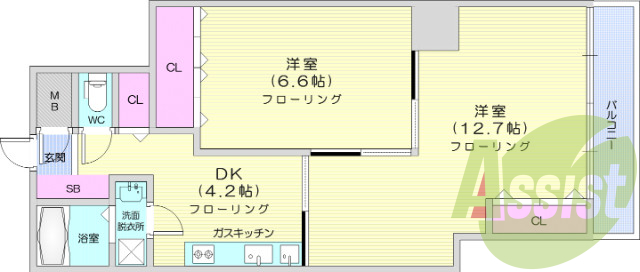 2DK、南向き、風呂トイレ別、独立洗面台