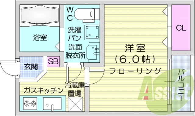 1K、浴室乾燥、2口ガスコンロ、インターネット無料