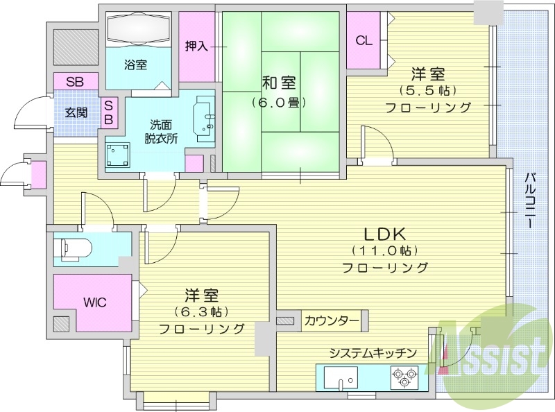 3LDK、都市ガス、システムキッチン、宅配BOX