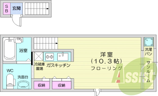 1K、西向き、システムキッチン、メゾネット