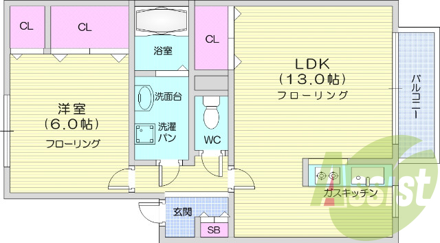 1ＬＤＫ、角部屋、追い焚き機能、ＴＶ付インターホン。