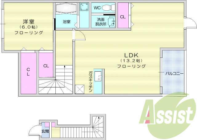 1LDK、エアコン、フローリング、バルコニー、ウォークイン