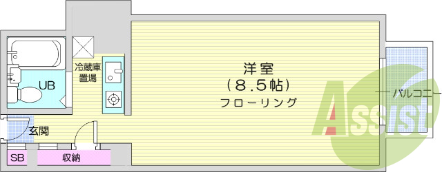 １K、無償家具(設備保証なし)、コインランドリー(女性専用)