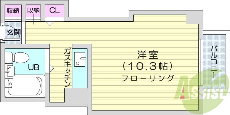 1R、オートロック、都市ガス、フローリング。