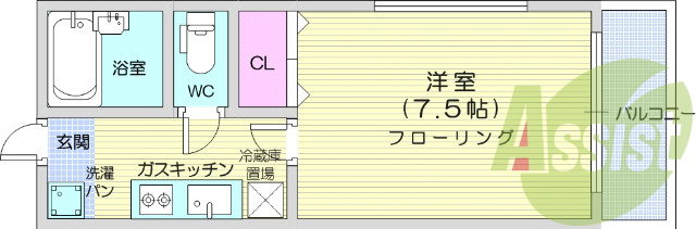 1K、バストイレ別、室内洗濯機置き場、エアコン