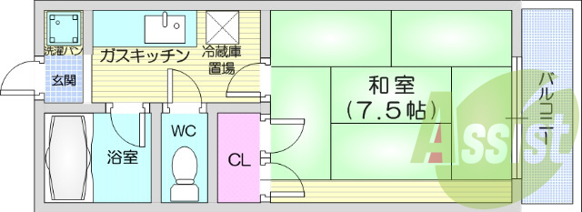 1K、バストイレ別、室内洗濯機置き場、エアコン